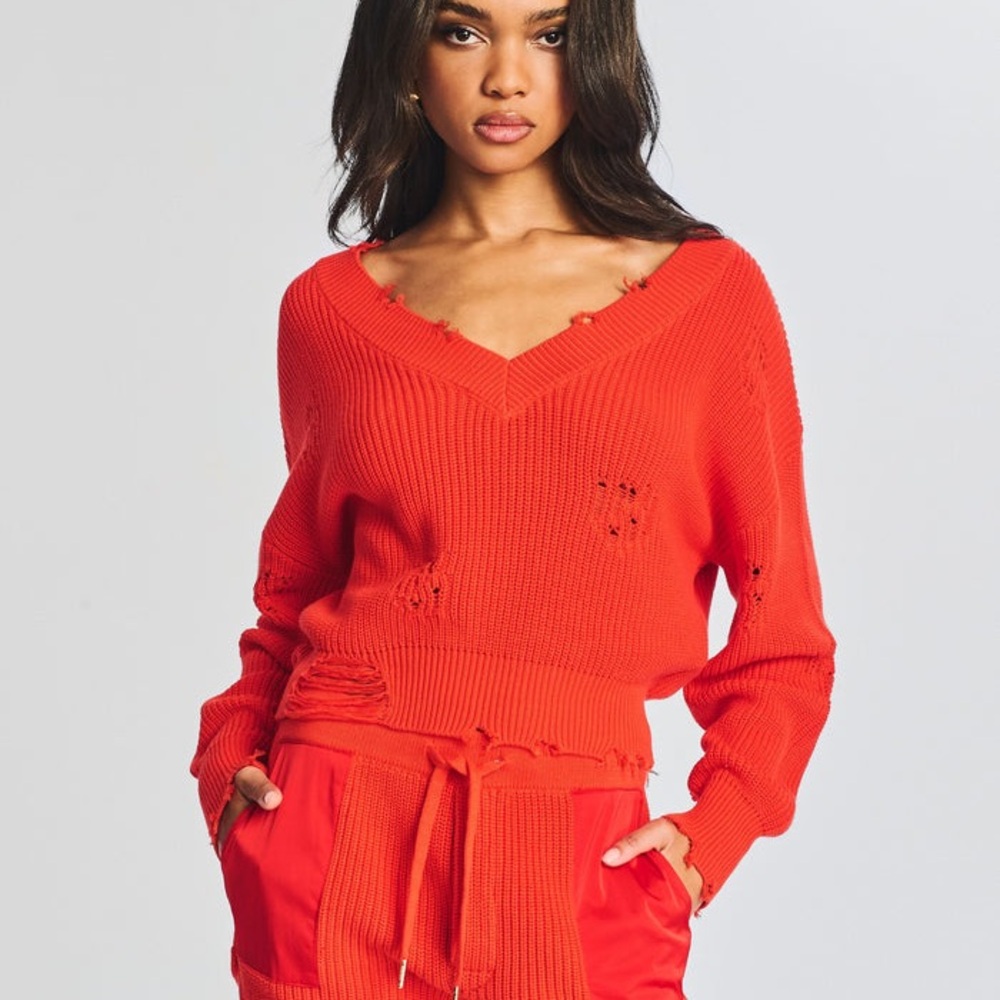 SER.O.YRA Women's Orange V-Neck Sweater Short Set